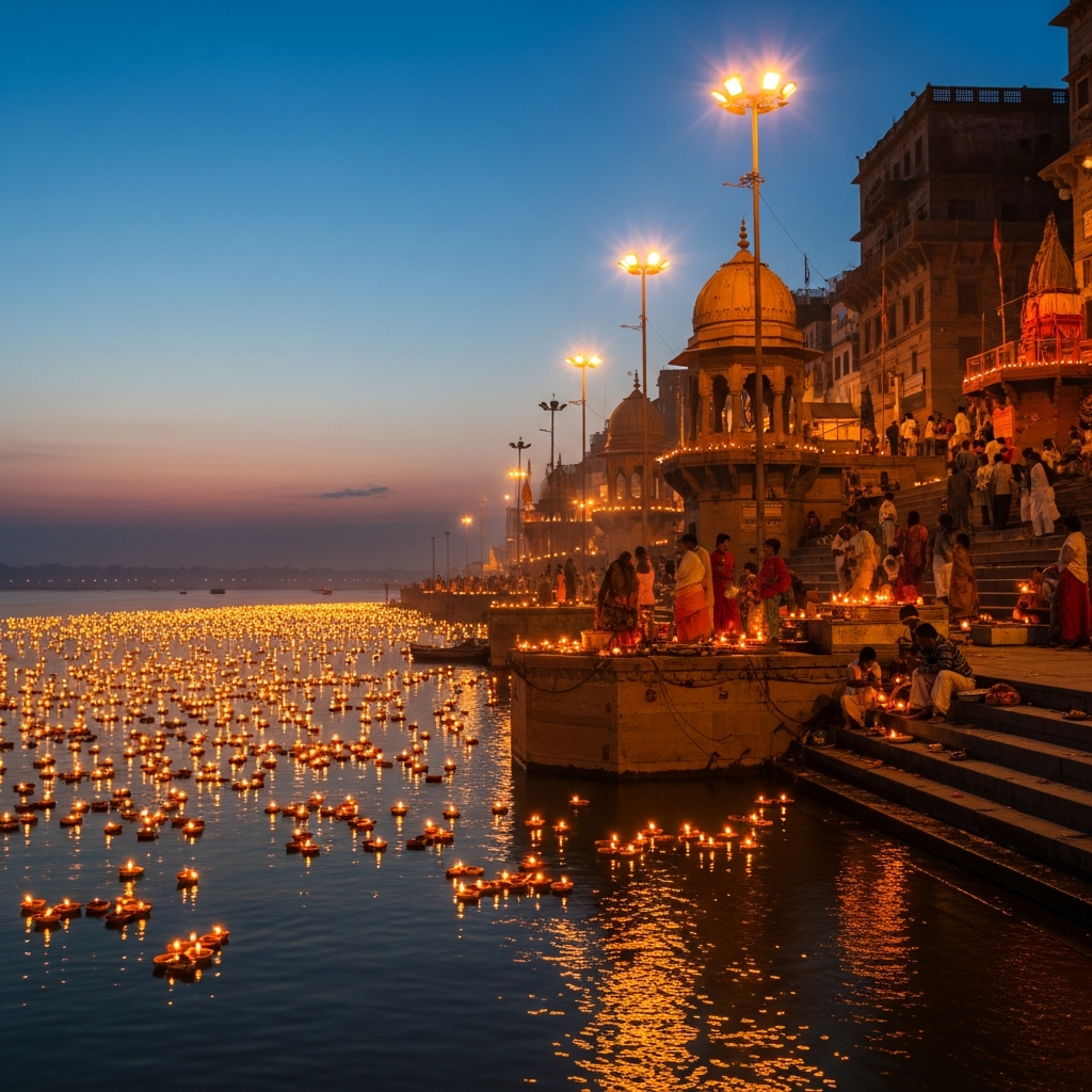 Varanasi Ganga ghats with diyas at night
